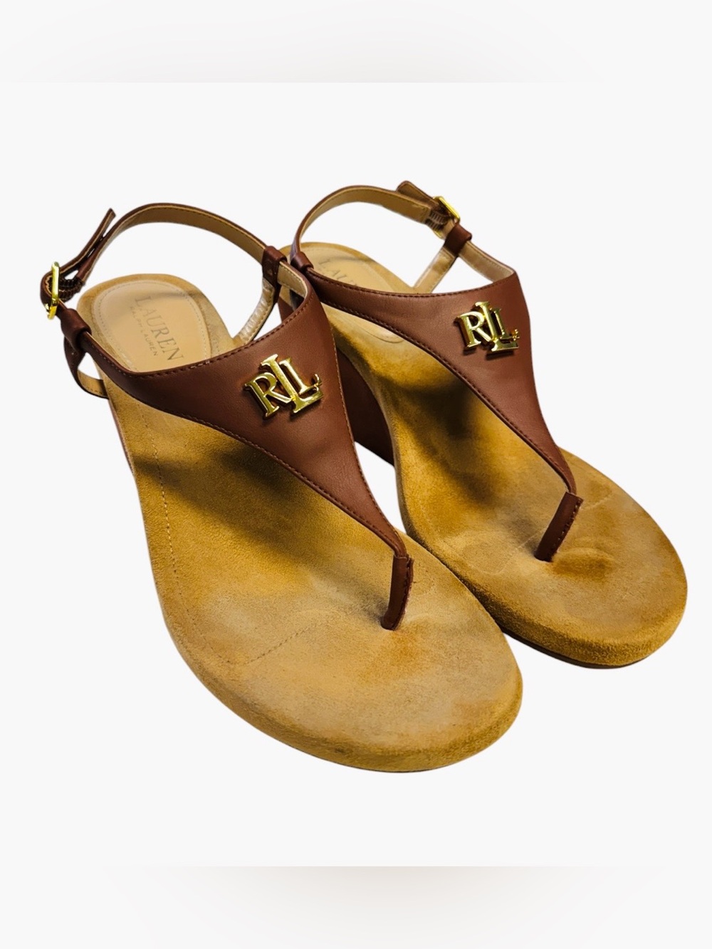 Ralph Lauren Jeannie Brown Thong Sandals with Gold RLL Emblem Size 9.5